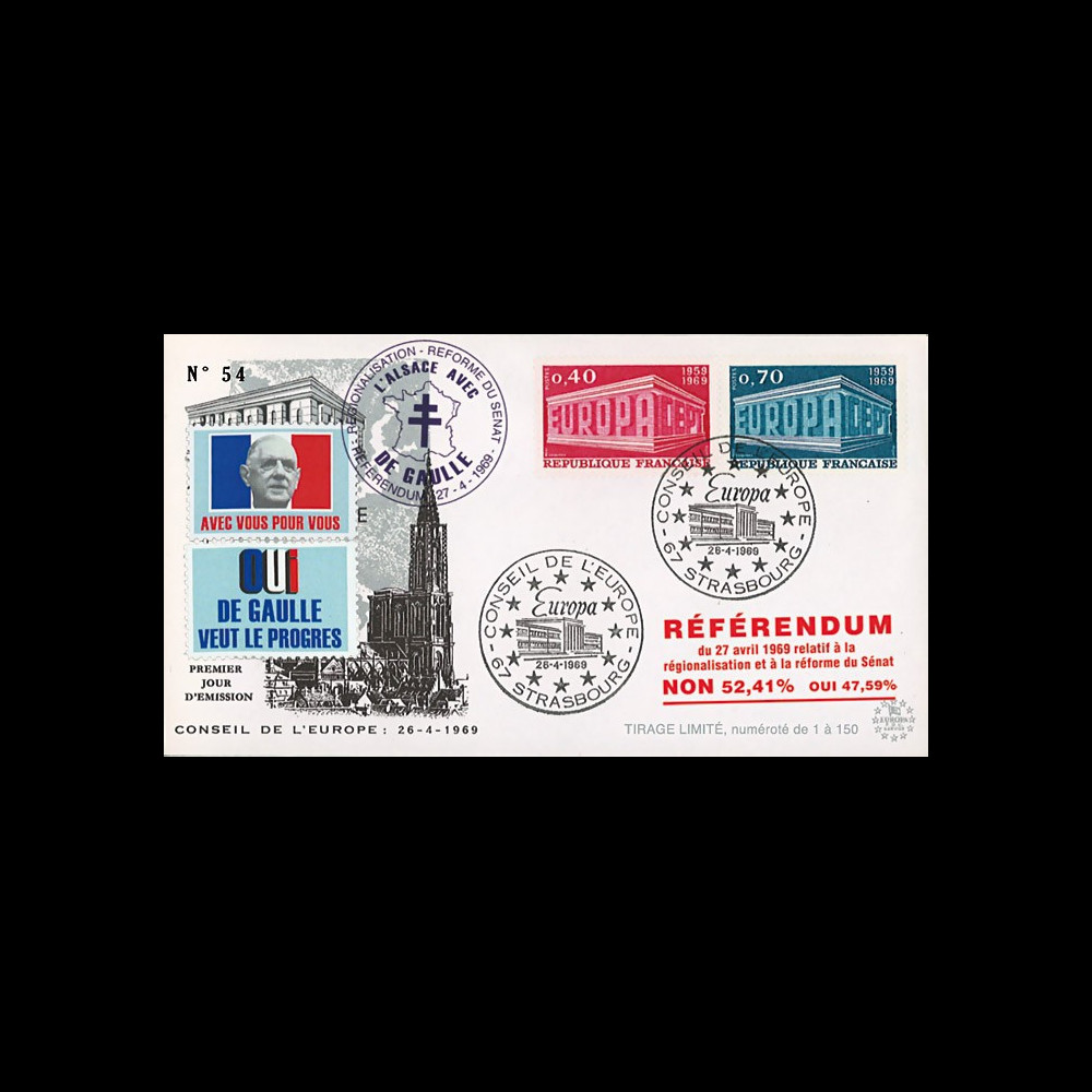 EU56-DG : 1969 - FDC “de Gaulle - Référendum du 27 avril“ - Europa 69 / cachet main