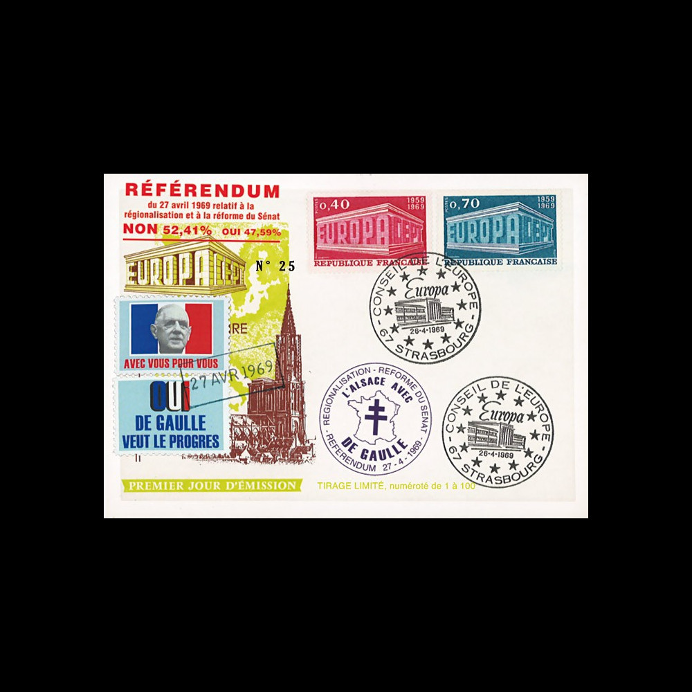 EU56A-DG : 1969 - Carte "de Gaulle - Référendum du 27 avril" - Europa 69 / cachet main