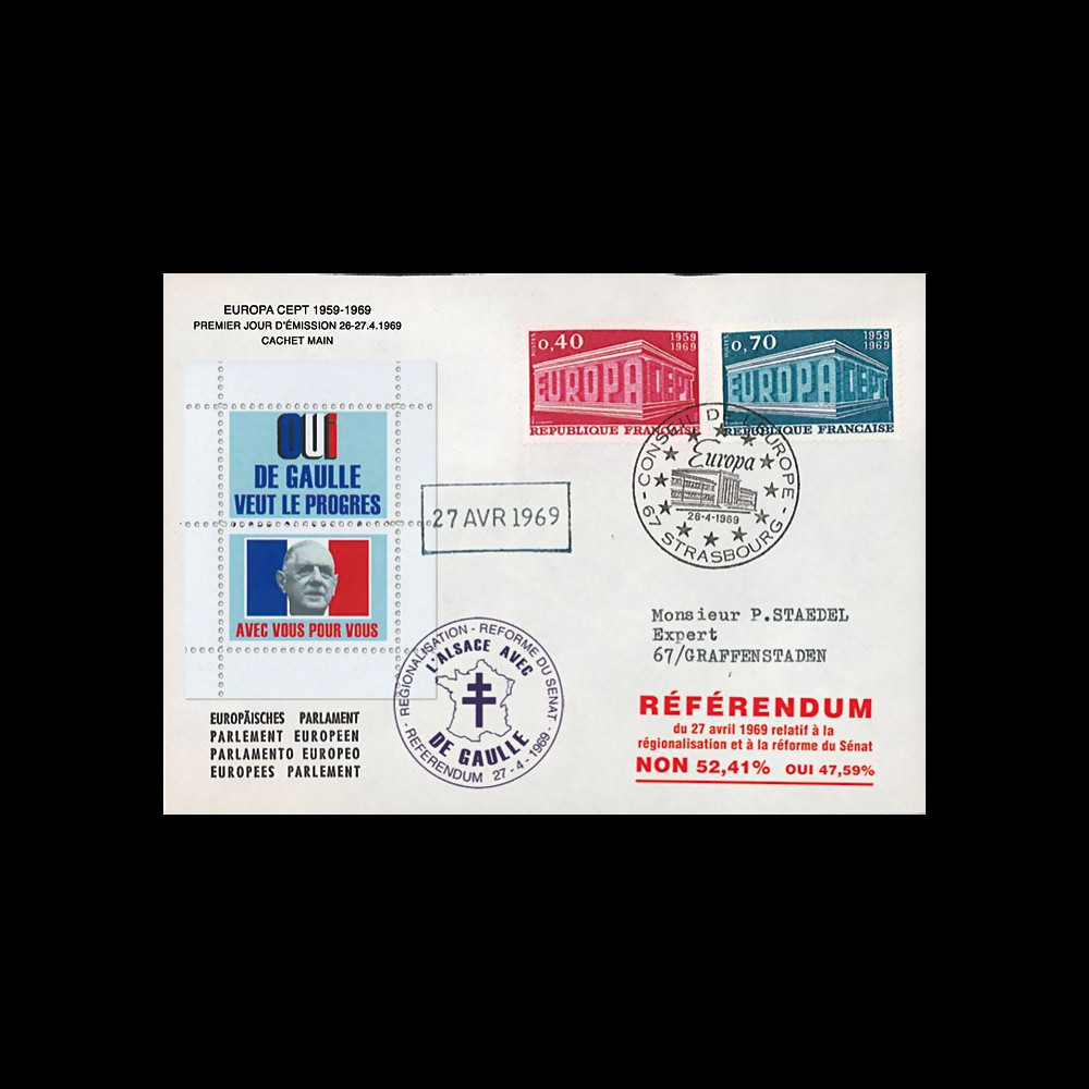 EU56EO-DG2 : 1969 - Env. à entête PE “de Gaulle - Référendum du 27 avril“ - cachet main