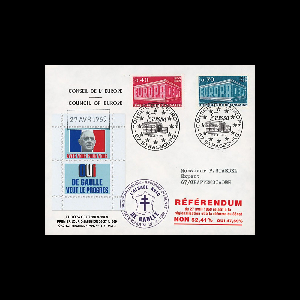 EU56BEO-DG1 : 1969 - Env. à entête CE “de Gaulle - Référendum 27 avril“ cach. machine 1