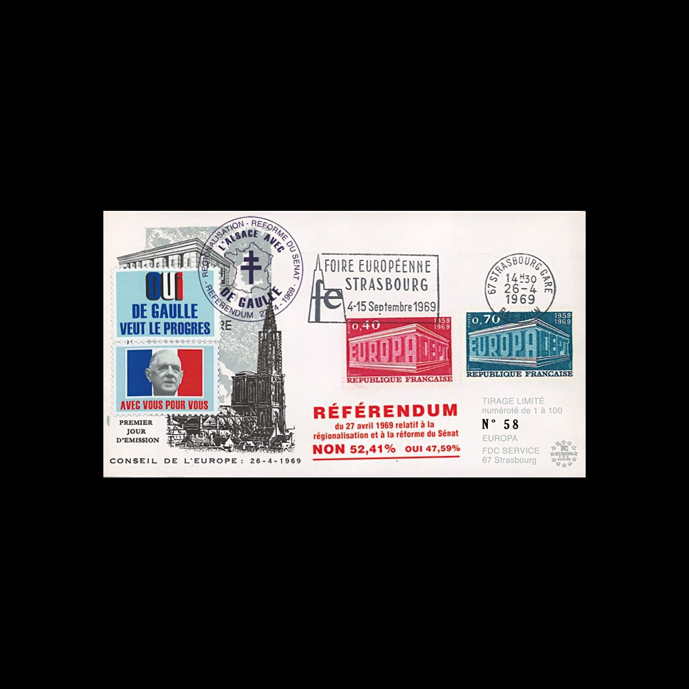 EU58-DG : 1969 - FDC “de Gaulle - Référendum du 27 avril“ - flamme "Foire européenne"
