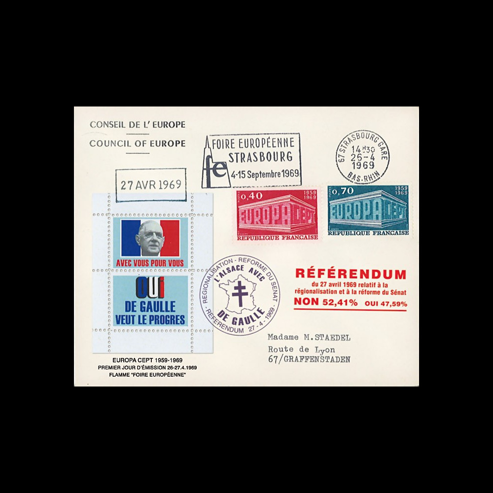 EU58EO-DG1 : 1969 - Env. CE “de Gaulle - Référendum 27 avril“ flamme "Foire européenne"