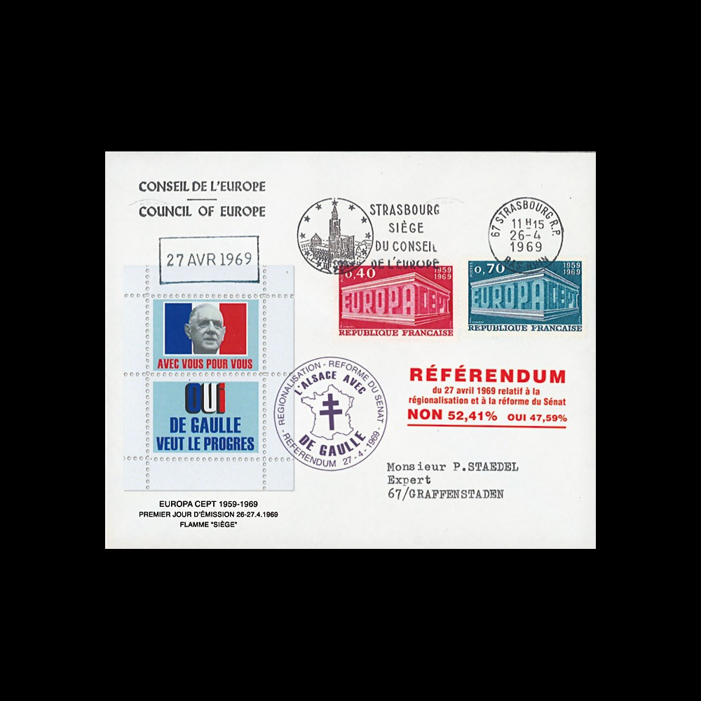 EU57EO-DG1 : 1969 - Env. CE “de Gaulle - Référendum 27 avril“ flamme "Strasbg