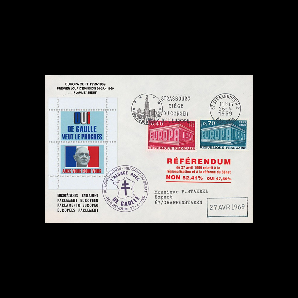 EU57EO-DG2 : 1969 - Env. PE “de Gaulle - Référendum du 27 avril“ flamme "Siège du CE"