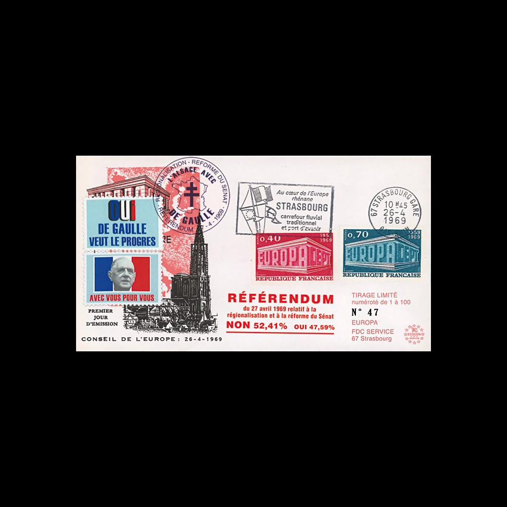 EU59-DG : 1969 - FDC “de Gaulle - Référendum du 27 avril“ - flamme "Europe Rhénane"