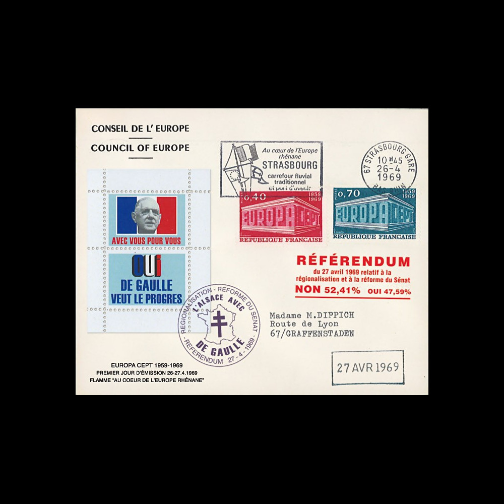EU59EO-DG1 : 1969 - Env. CE “de Gaulle - Référendum 27 avril“ flamme "Europe Rhénane"