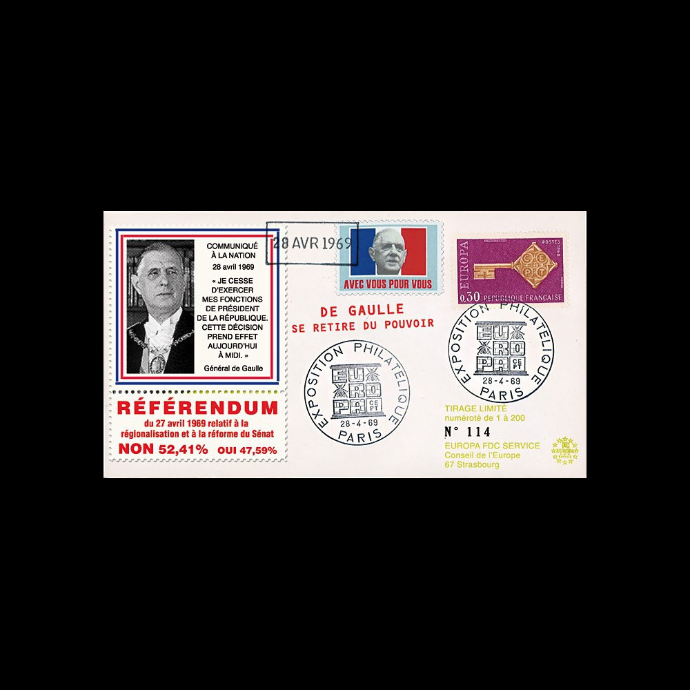 EU61-DG1 : 1969 - FDC “Référendum - de Gaulle se retire du pouvoir“ - Europa 1968