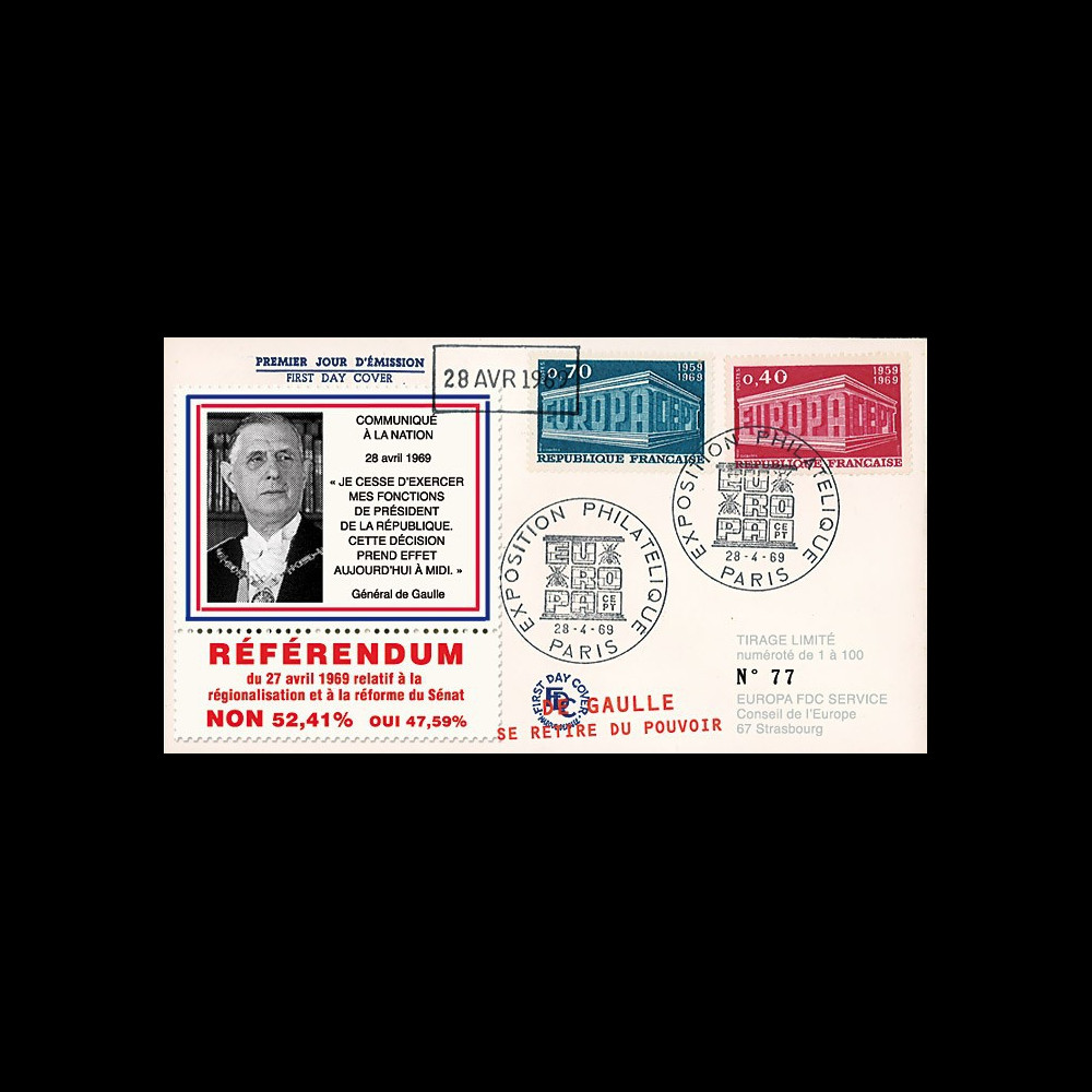 EU61-DG2 : 1969 - FDC “Référendum - de Gaulle se retire du pouvoir“ - Europa 1969