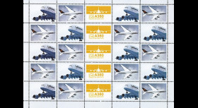 A380-169F : 2011 - Feuillet de 25 vignettes "Airbus A380 Lufthansa au décollage et en vol"