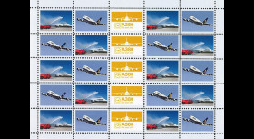 A380-170F : 2011 - Feuillet de vignettes "A380 Lufthansa en vol et baptisé par les pompiers"