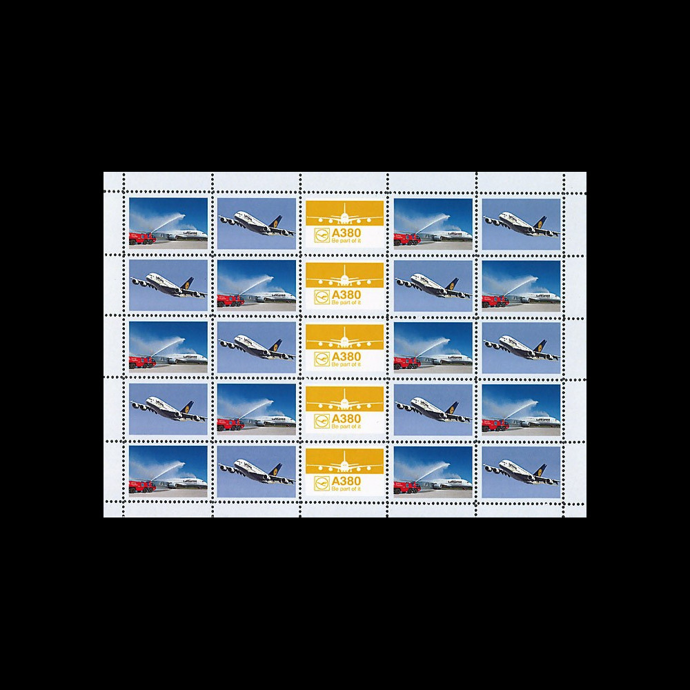 A380-170F : 2011 - Feuillet de vignettes "A380 Lufthansa en vol et baptisé par les pompiers"