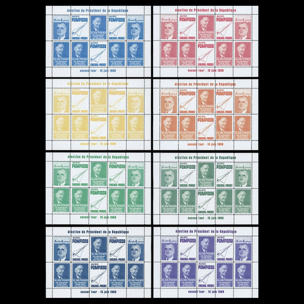 PRES69-B-COL : 1969 - 8 blocs de vign. "Présidentielle 1969 / Poher-Pompidou / Concorde"