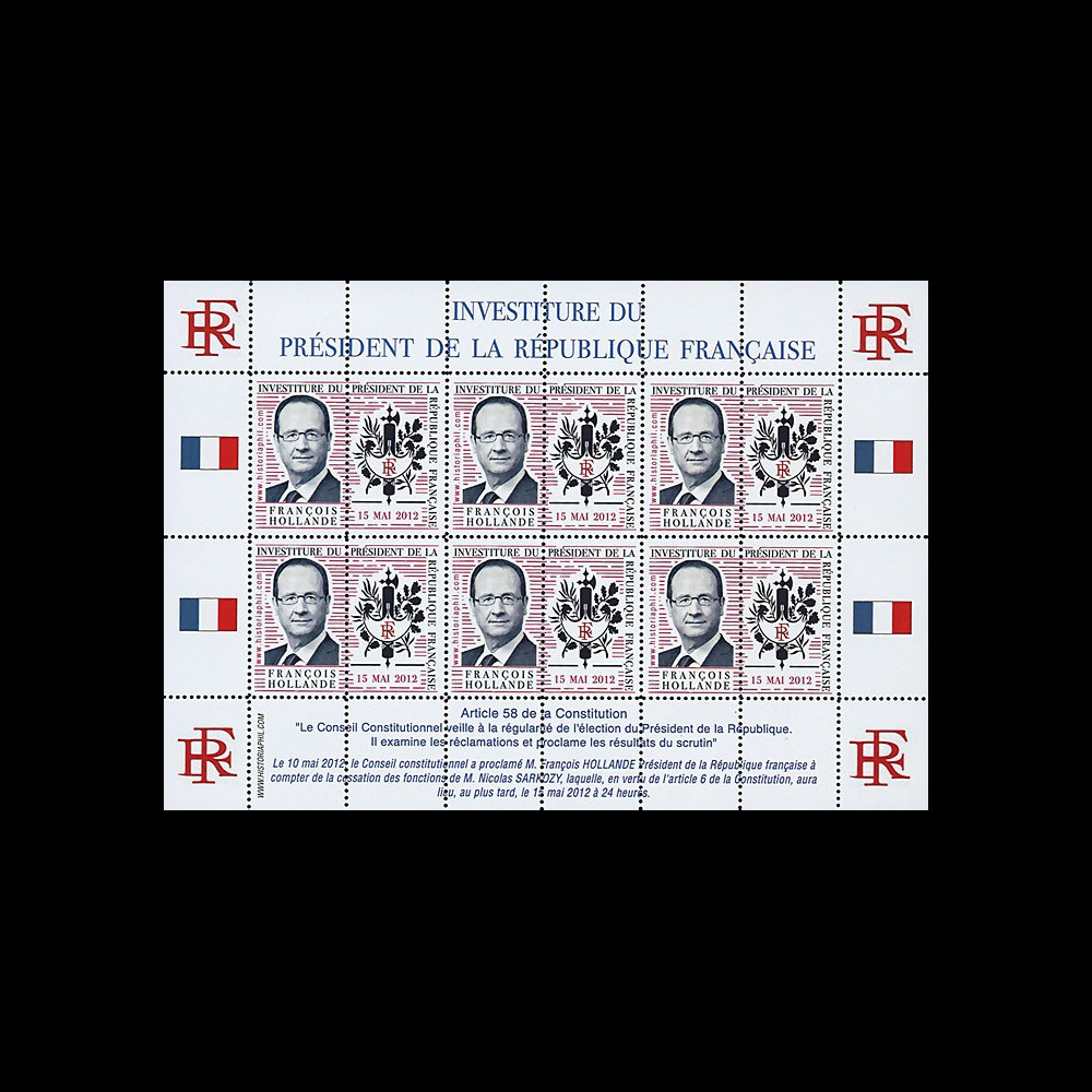 PRES12-17FD : Feuillet 12 vignettes "Présidentielle 2012 - Investiture Président HOLLANDE"