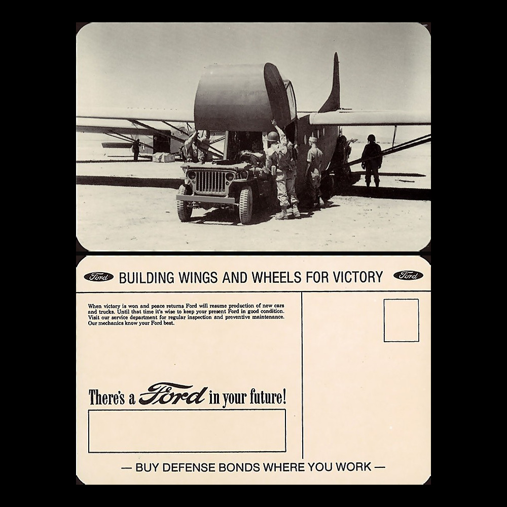 W2-USWB06 : CP Patriotique USA "JEEP Willys dans planeur Waco - BONS D'ARMEMENT FORD 1942"