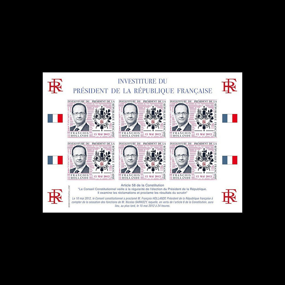 PRES12-17FND : Feuillet 12 vignettes "Présidentielle 2012 - Investiture Président HOLLANDE"