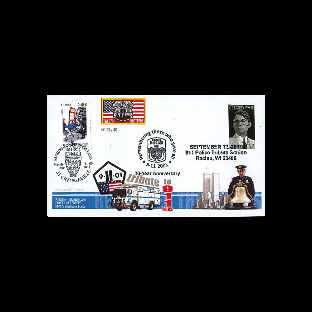 WT11-6 : 2011 - FDC USA-FRANCE "10 ans 11 Septembre - Racine / 1er Jour Pompiers"