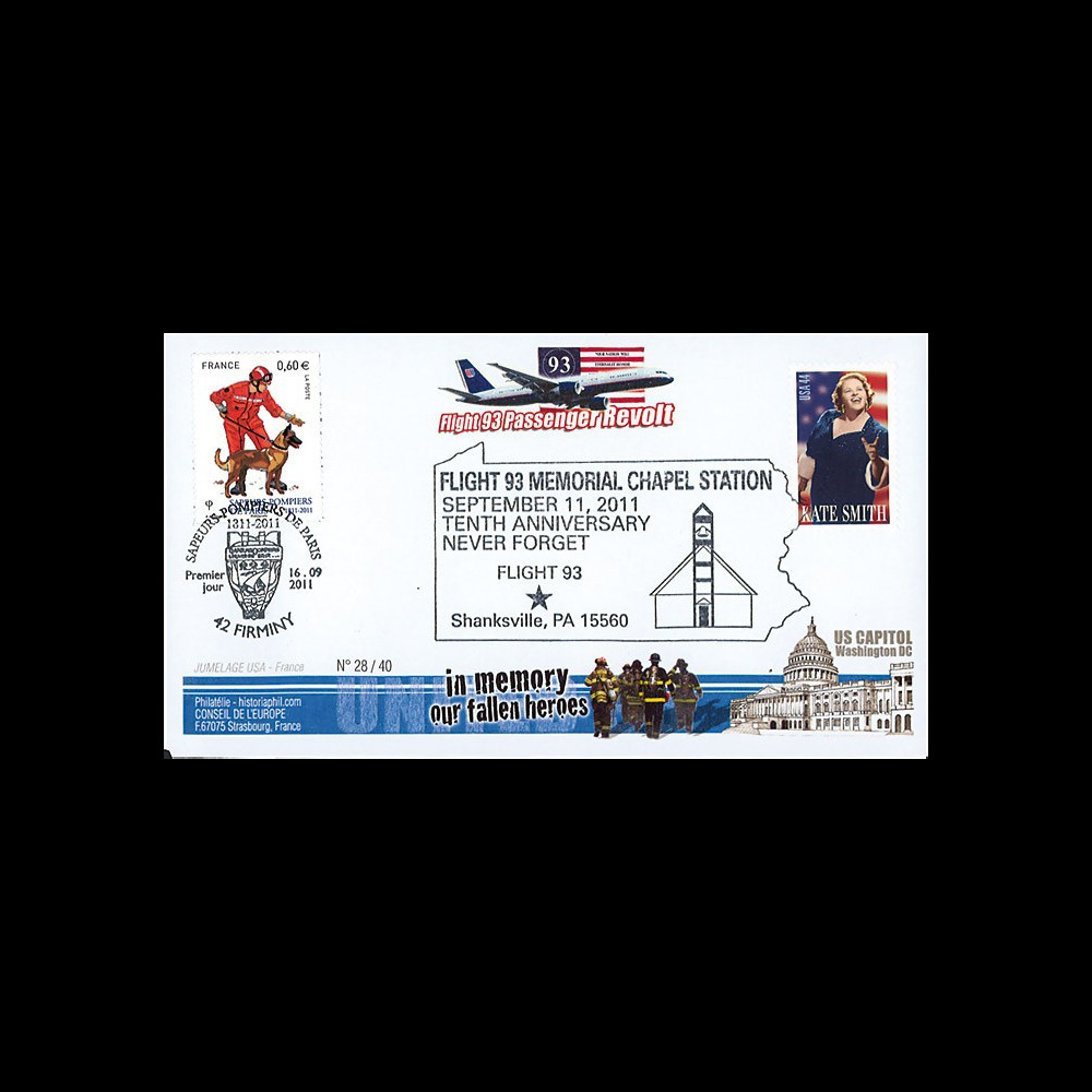 WT11-8 : 2011 - FDC USA-FRANCE "10 ans 11 Septembre - Shankville / 1er Jour Pompiers"