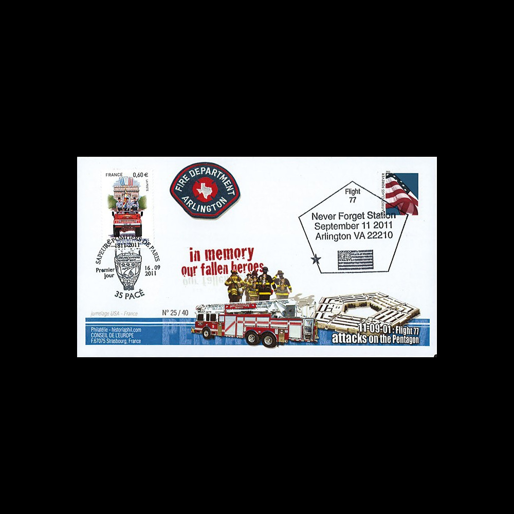 WT11-10 : 2011 - FDC USA-FRANCE "10 ans 11 Septembre - Arlington / 1er Jour Pompiers"