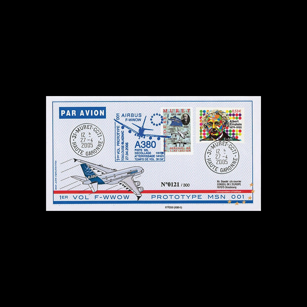 A380-5T1 : 2005 - Pli France "1er vol d'essai du prototype 001 de l'A380" - TP Einstein