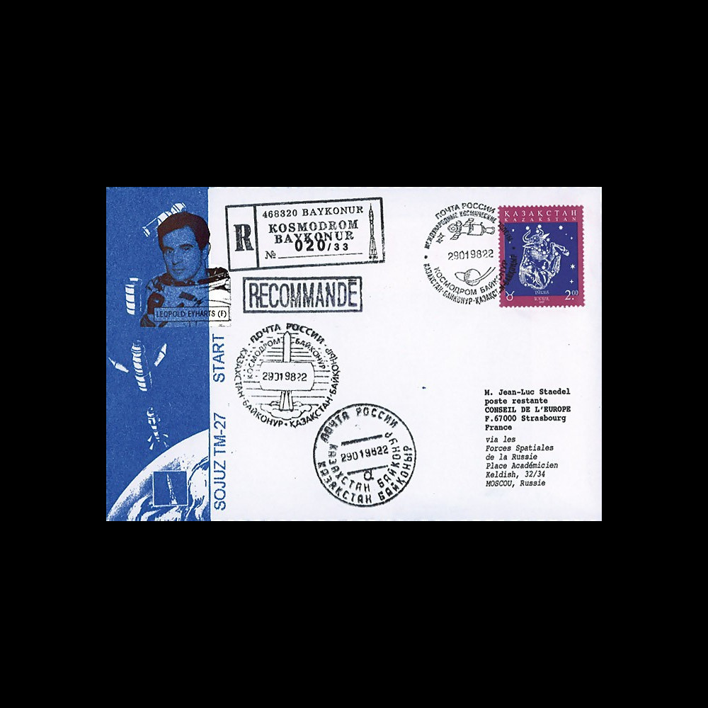 PEGASE98-4 : 1998 - Pli Recommandé ex-URSS "SOYOUZ TM-27 - Mission PEGASE" (TYPE 4)