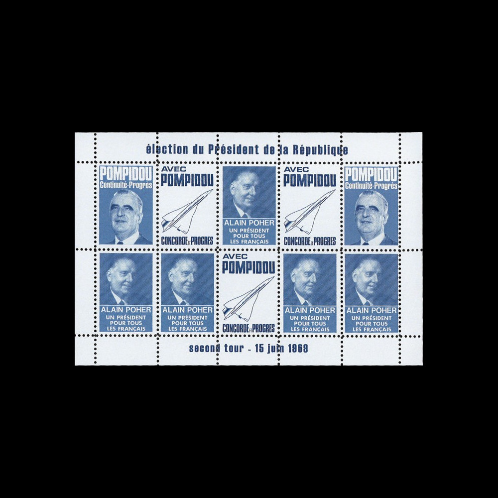 PRES69-BF : 1969 Vign. dentelées "Présidentielle Poher-Pompidou / Concorde" - bleu foncé PRES69-BF : 1969 Vign. dentelées "Présidentielle Poher-Pompidou / Concorde" - bleu foncé