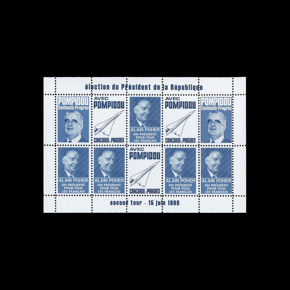 PRES69-BF : 1969 Vign. dentelées "Présidentielle Poher-Pompidou / Concorde" - bleu foncé