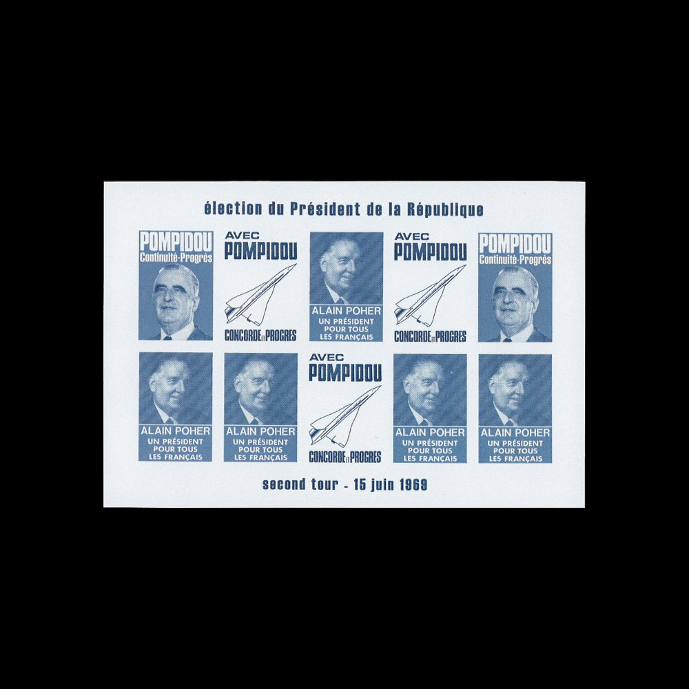 PRES69-BF-ND : 1969 - Vignettes non-dentelées "Poher-Pompidou / Concorde" - bleu foncé PRES69-BF-ND : 1969 - Vignettes non-dentelées "Poher-Pompidou / Concorde" - bleu foncé