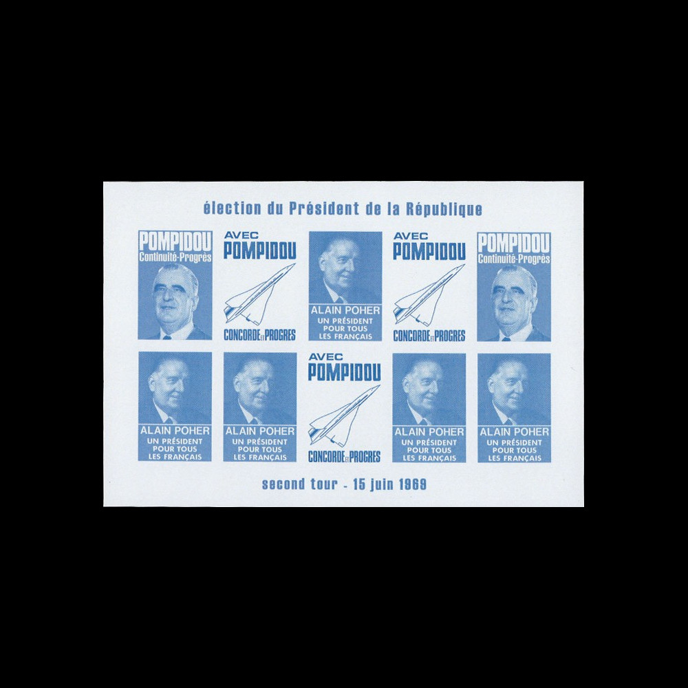 PRES69-BC-ND : 1969 - Vignettes non-dentelées "Poher-Pompidou / Concorde" - bleu clair
