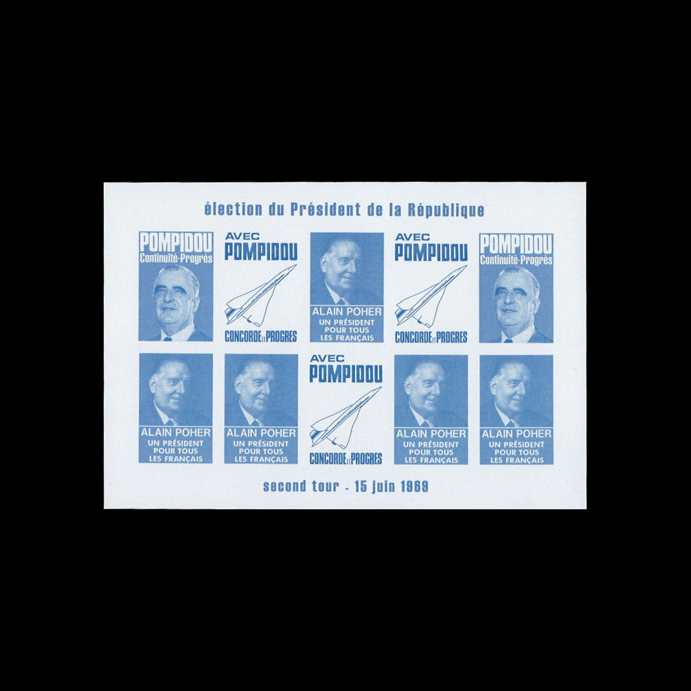 PRES69-BC-ND : 1969 - Vignettes non-dentelées "Poher-Pompidou / Concorde" - bleu clair PRES69-BC-ND : 1969 - Vignettes non-dentelées "Poher-Pompidou / Concorde" - bleu clair