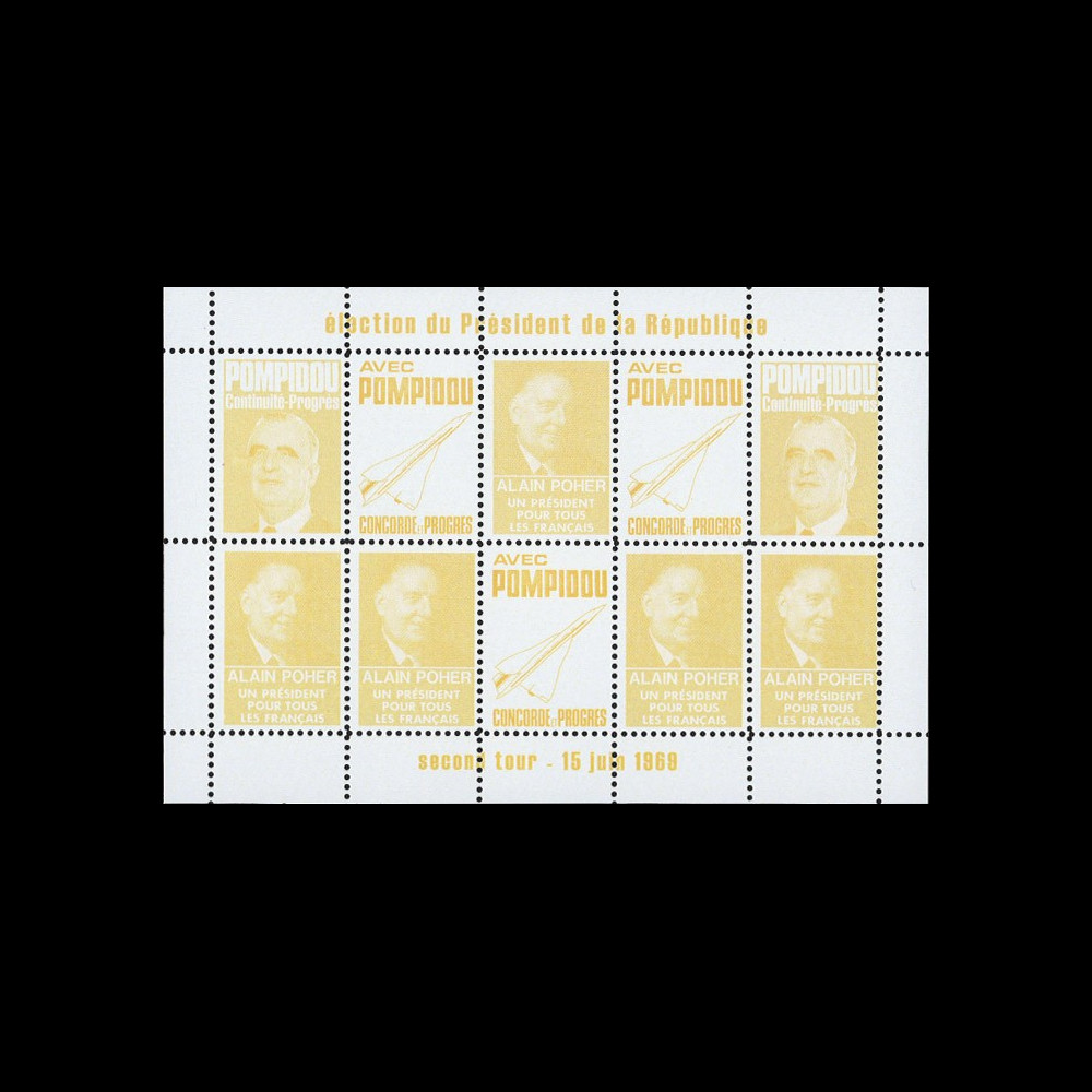 PRES69-JA : 1969 - Vignettes dentelées "Poher-Pompidou / Concorde" - jaune PRES69-JA : 1969 - Vignettes dentelées "Poher-Pompidou / Concorde" - jaune