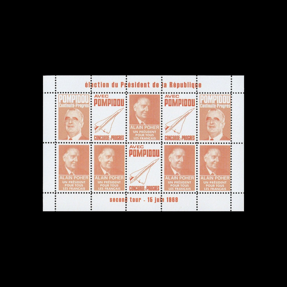 PRES69-OR : 1969 - Vignettes dentelées "Poher-Pompidou / Concorde" - orange PRES69-OR : 1969 - Vignettes dentelées "Poher-Pompidou / Concorde" - orange