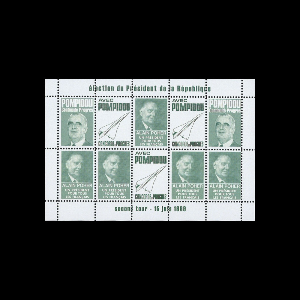 PRES69-VF : 1969 - Vignettes dentelées "Poher-Pompidou / Concorde" - vert foncé PRES69-VF : 1969 - Vignettes dentelées "Poher-Pompidou / Concorde" - vert foncé