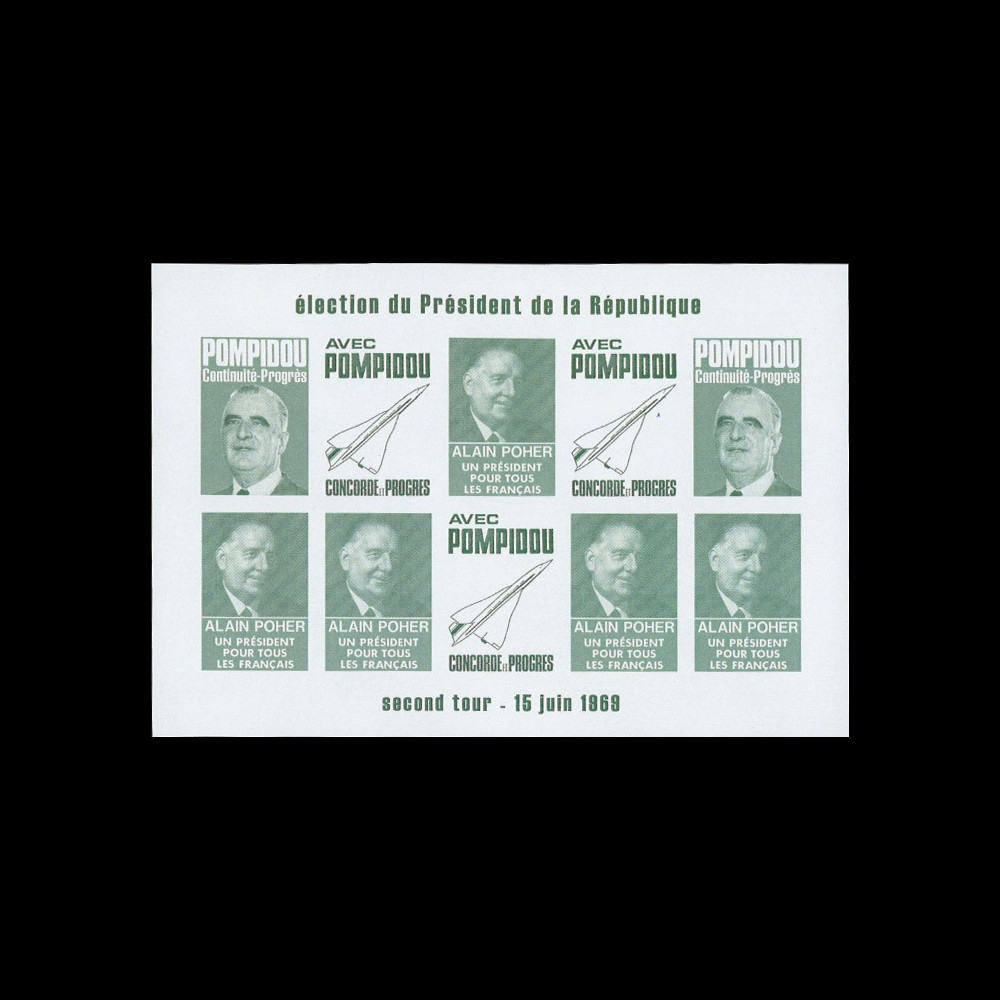 PRES69-VF-ND : 1969 - Vignettes non-dentelées "Poher-Pompidou / Concorde" - vert foncé PRES69-VF-ND : 1969 - Vignettes non-dentelées "Poher-Pompidou / Concorde" - vert foncé