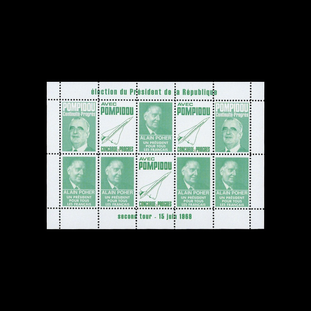 PRES69-VC : 1969 - Vignettes dentelées "Poher-Pompidou / Concorde" - vert clair