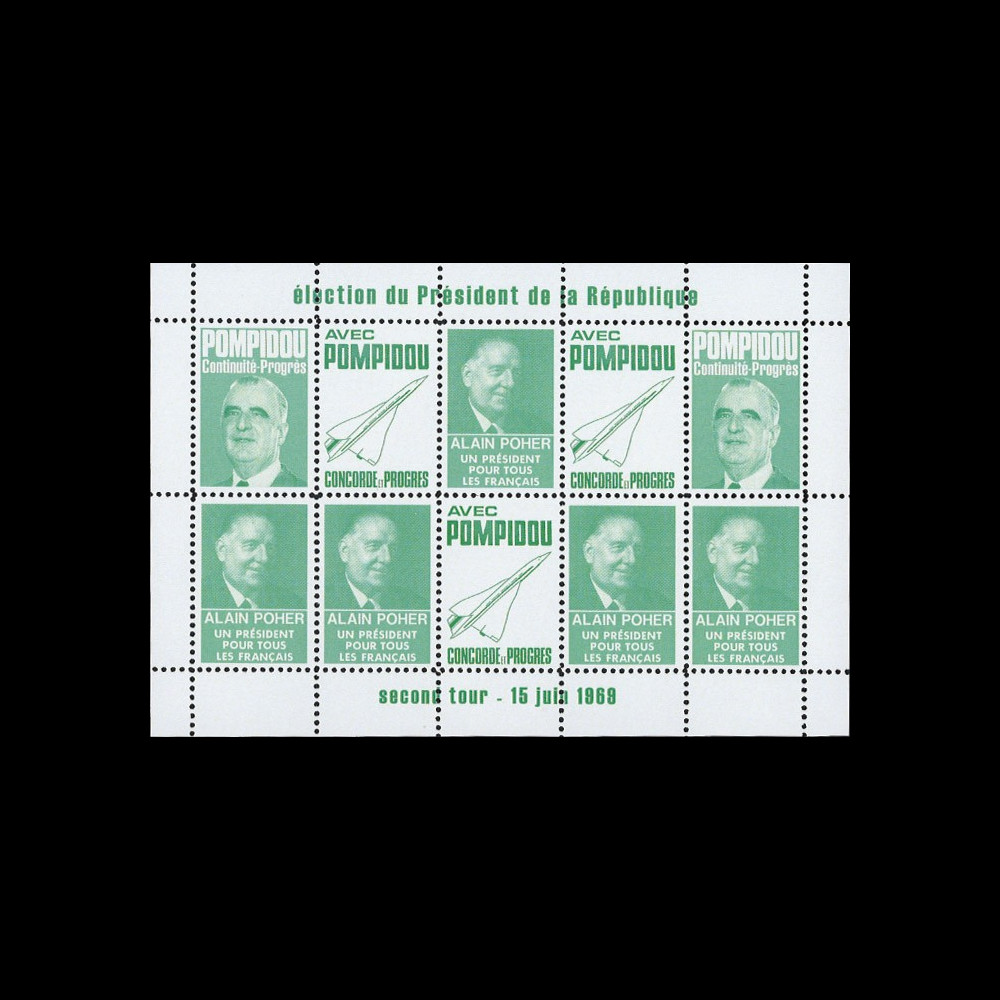 PRES69-VC : 1969 - Vignettes dentelées "Poher-Pompidou / Concorde" - vert clair PRES69-VC : 1969 - Vignettes dentelées "Poher-Pompidou / Concorde" - vert clair