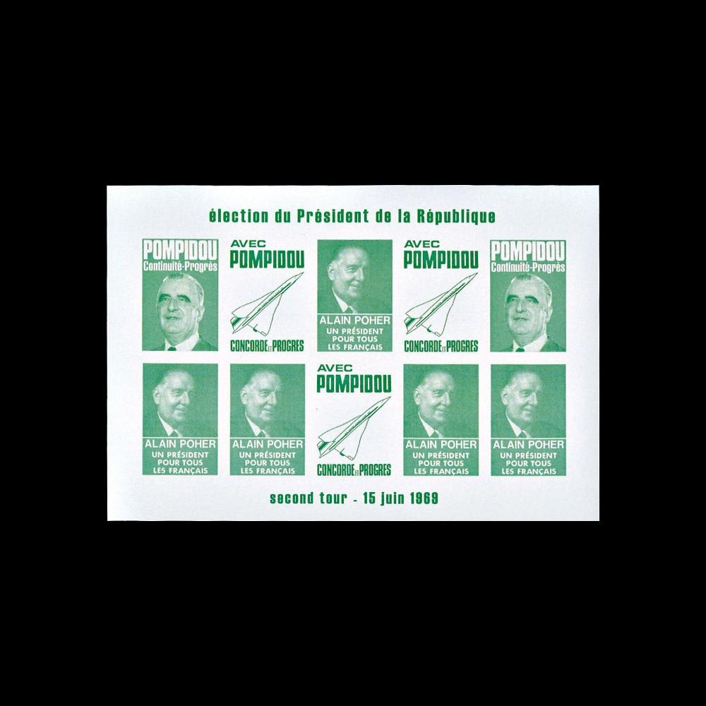 PRES69-VC-ND : 1969 - Vignettes non-dentelées "Poher-Pompidou / Concorde" - vert clair PRES69-VC-ND : 1969 - Vignettes non-dentelées "Poher-Pompidou / Concorde" - vert clair