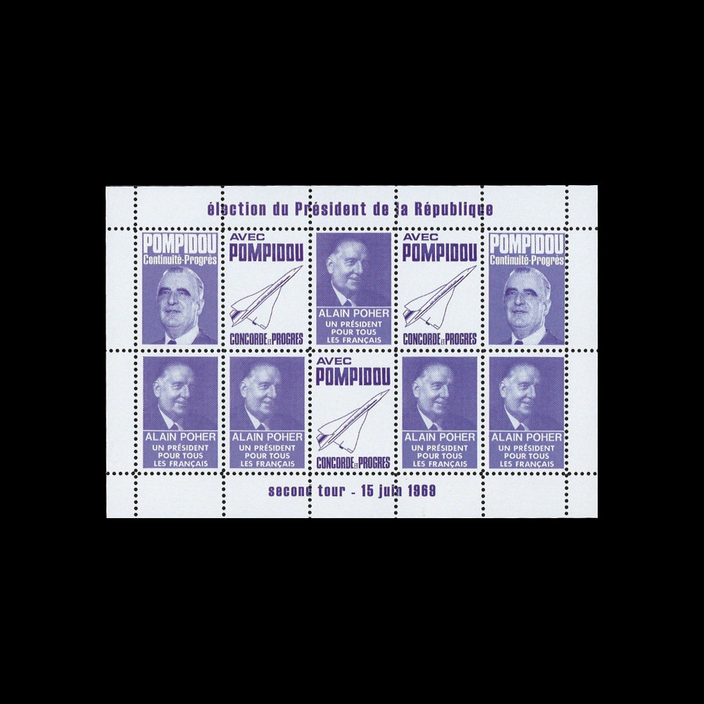 PRES69-VI : 1969 - Vignettes dentelées "Poher-Pompidou / Concorde" - violet