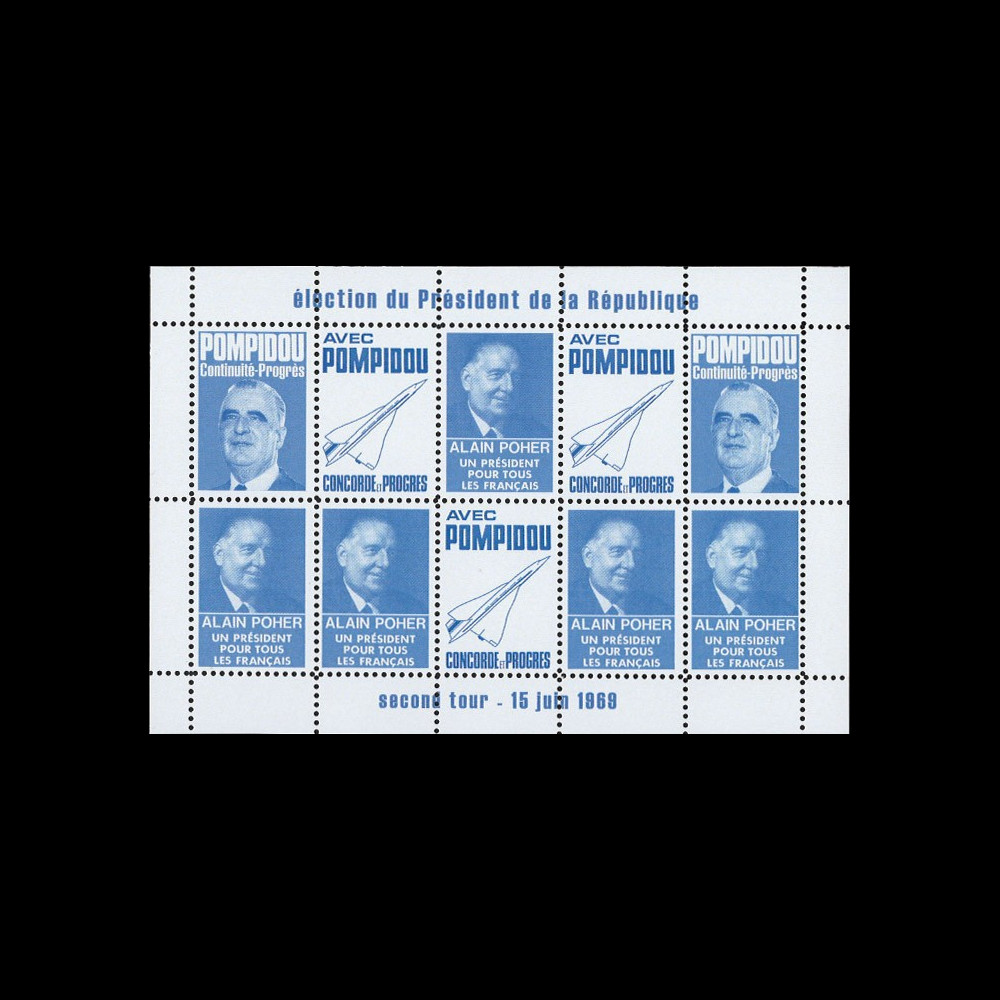 PRES69-BC : 1969 - Vignettes dentelées "Poher-Pompidou / Concorde" - bleu clair PRES69-BC : 1969 - Vignettes dentelées "Poher-Pompidou / Concorde" - bleu clair