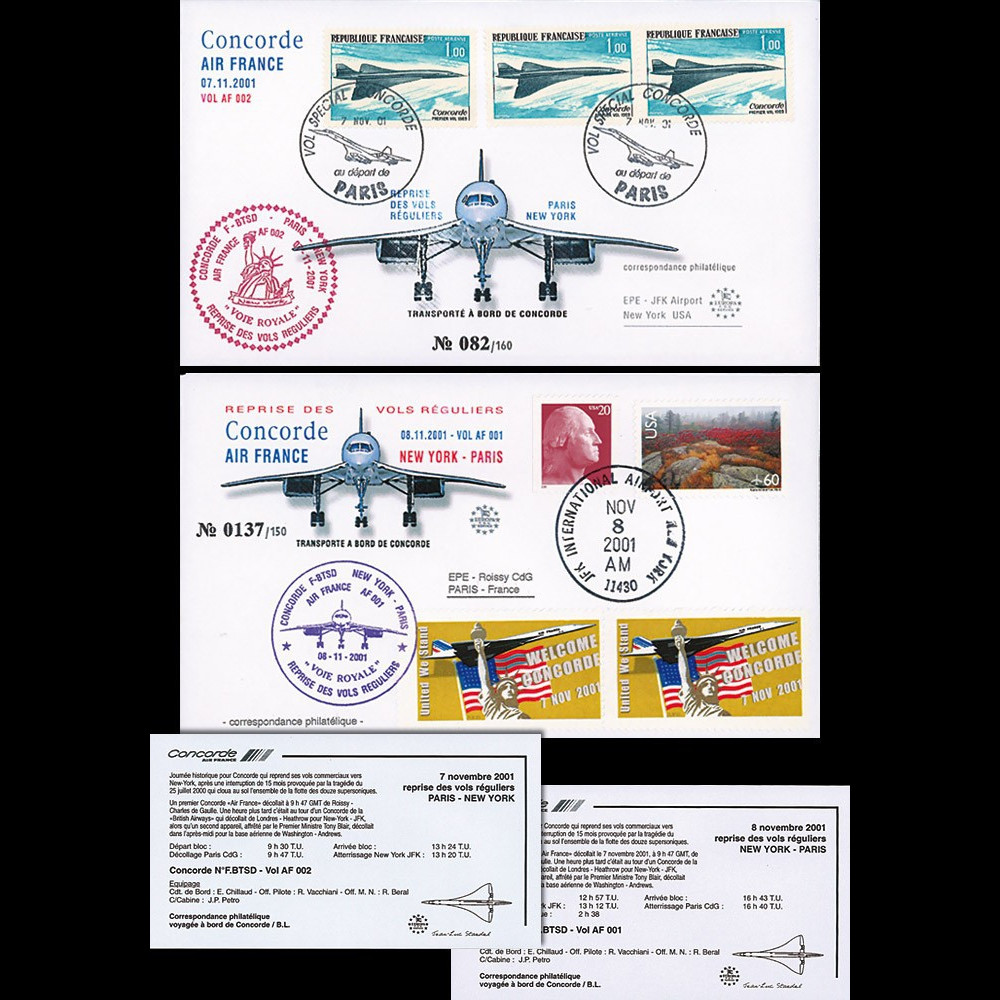 F-BVFB7-11 : 2 plis voyagés "Reprise des vols Concorde Air France Paris-NY-Paris 7.11.2001"
