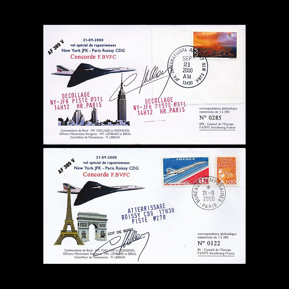 CO85-389V-D : 2 plis signés "Crash de Concorde - Vol de rapatriement NY-Paris 21.9.2000"