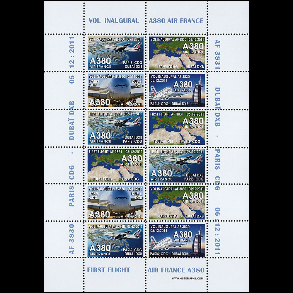 A380-172FD : 2011 - Feuillet 12 vignettes "Airbus A380 Air France - 1er Vol AF3830 Paris-Dubaï"