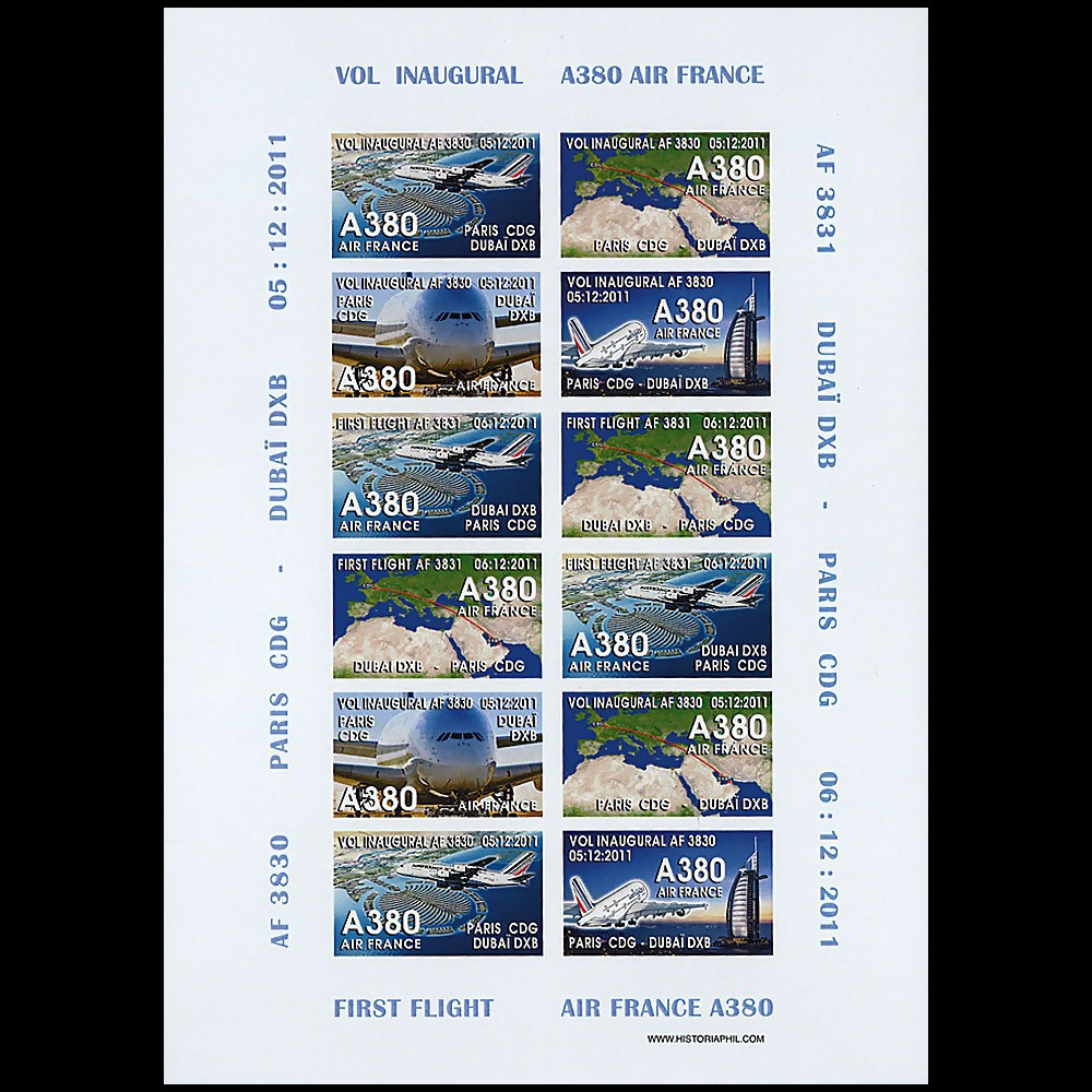 A380-172FND : 2011 - Feuillet 12 vignettes non-dentelées "Airbus A380 Air France - 1er Vol Paris-Dubaï"