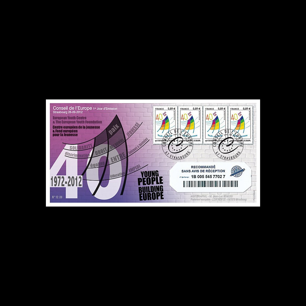 CE63-PJa : 2012 - FDC RECO 1er Jour TP de service Conseil de l'Europe "40 ans Jeunesse"