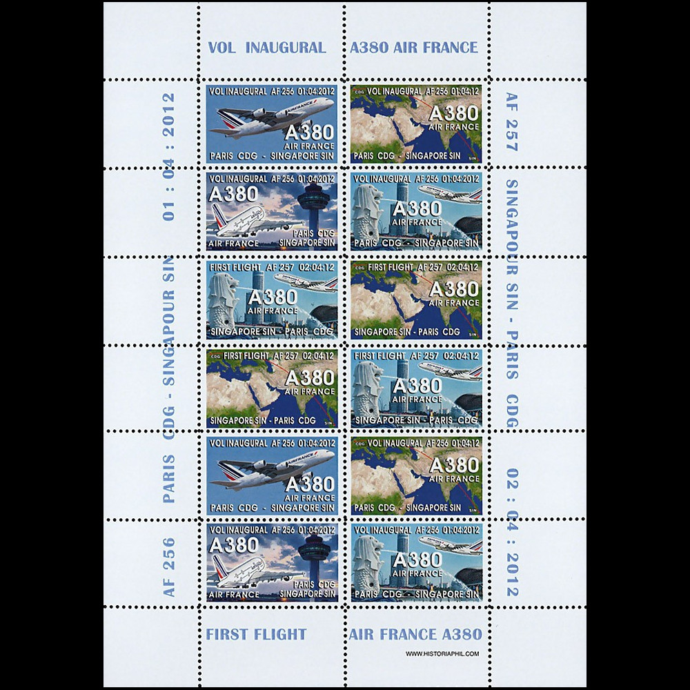 A380-176FD : 2012 - Feuillet 12 vignettes "A380 Air France - 1er Vol Paris-Singapour"