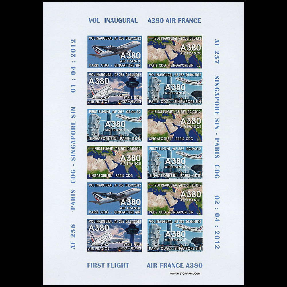 A380-176FND : 2012 - Feuillet 12 vignettes non-dentelées "A380 Air France - 1er Vol Paris-Singapour"