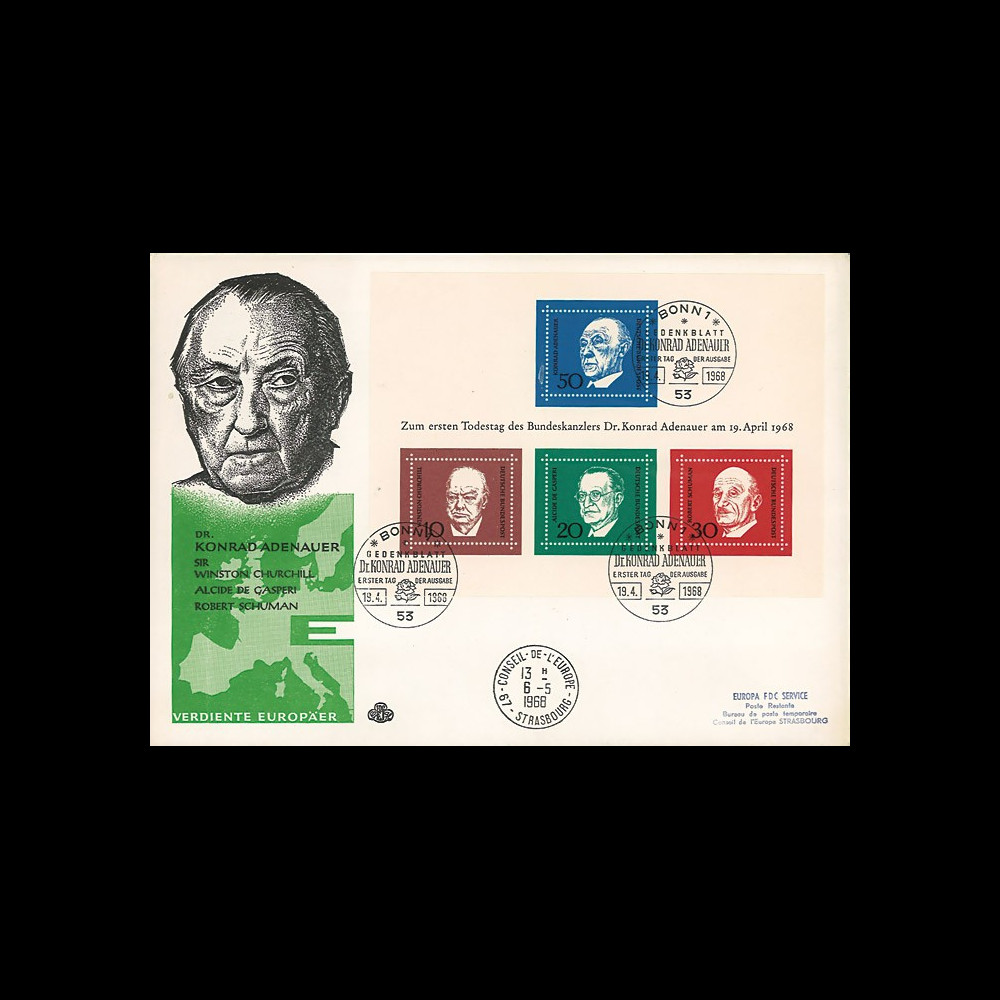 AL68-AD1B : FDC 1er Jour Allemagne bloc Adenauer / Churchill / de Gasperi / Schuman AL68-AD1B : FDC 1er Jour Allemagne bloc Adenauer / Churchill / de Gasperi / Schuman
