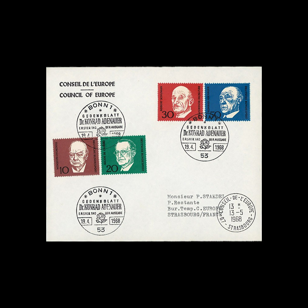 AL68-ADEO : 1968 - FDC 1er Jour Allemagne Adenauer / Churchill / de Gasperi / Schuman