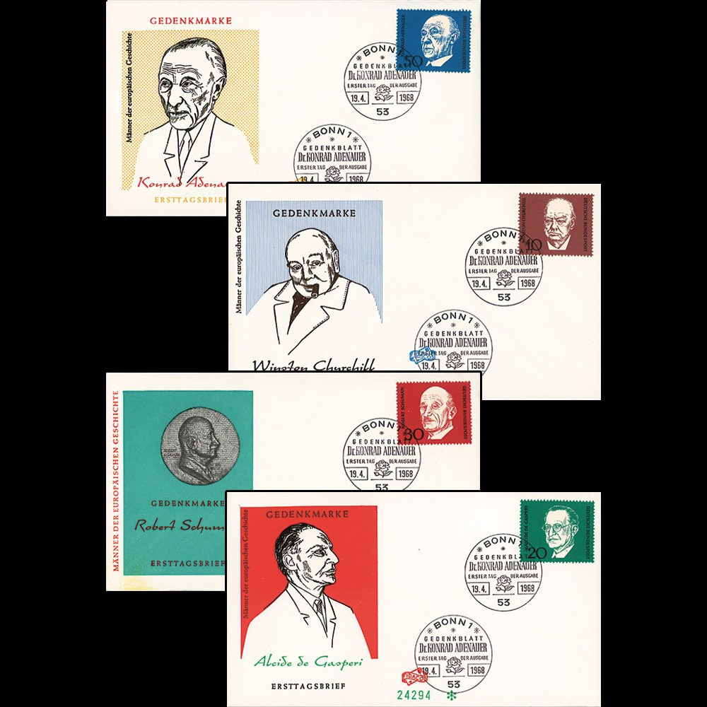 AL68-AD1S : 1968 - Série 1er Jour Allemagne Adenauer / Churchill / de Gasperi / Schuman AL68-AD1S : 1968 - Série 1er Jour Allemagne Adenauer / Churchill / de Gasperi / Schuman