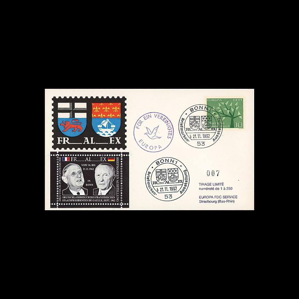 AL38 : 1962 - FDC Expo franco-allde FRALEX 1962 Bonn / Visite officielle du Pdt de Gaulle