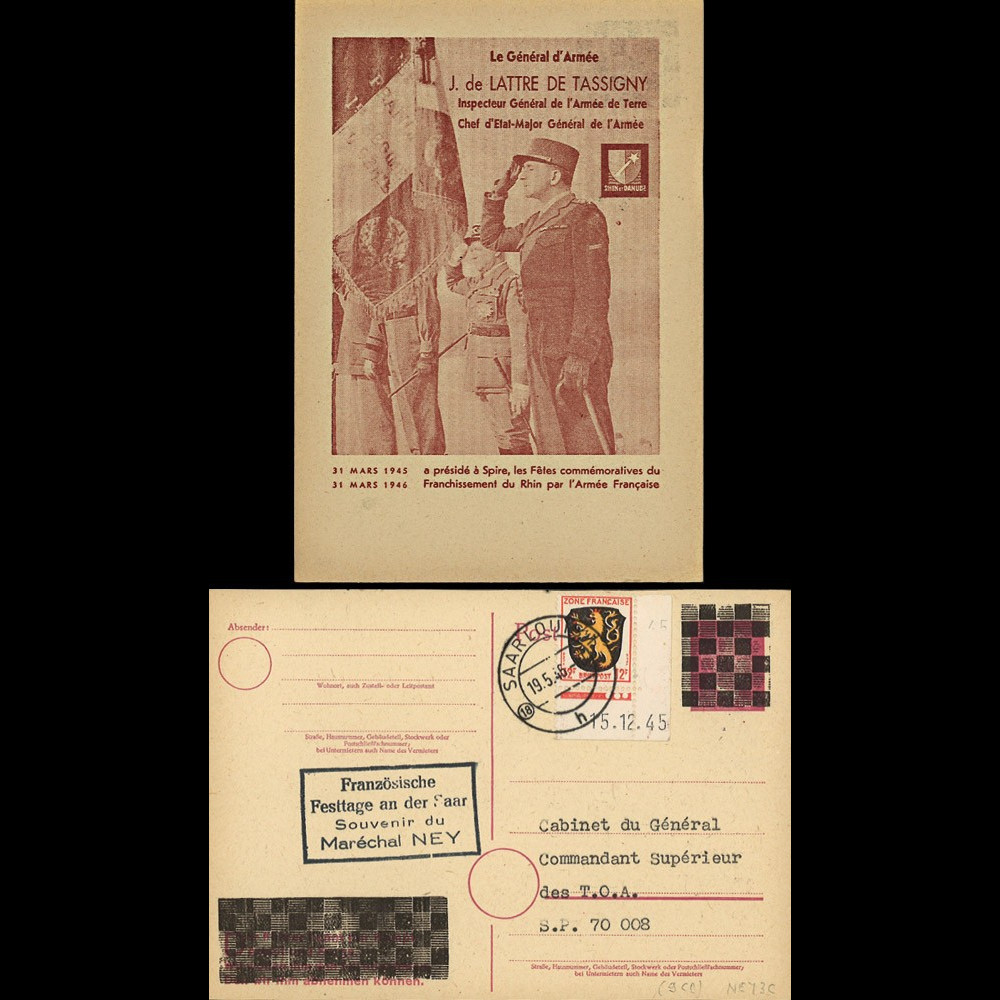 NEY46-3CD : 1946 - France Entier postal de Lattre de Tassigny - 6Pf rose Hitler en cage